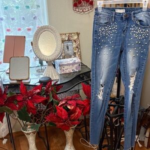 Angel Kiss Los Angeles, Distressed Blue Skinny Jeans with Pearl Accents.